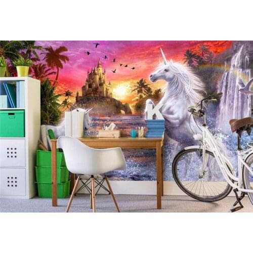 Custom wallpaper red sky castle stream waterfall rainbow white horse children room background wall mural 3d wallpaper