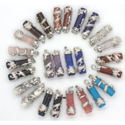 KFT Silver Plated Chinese Style Cylinder Amethysts Rose Pink Quartz Wrap Dragon Phoenix Pendant Vintage Jewelry