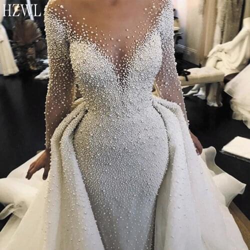 Luxury wedding dresses 2020 detachable skirt peals beaded long sleeve elegant wedding gown vestido de noiva