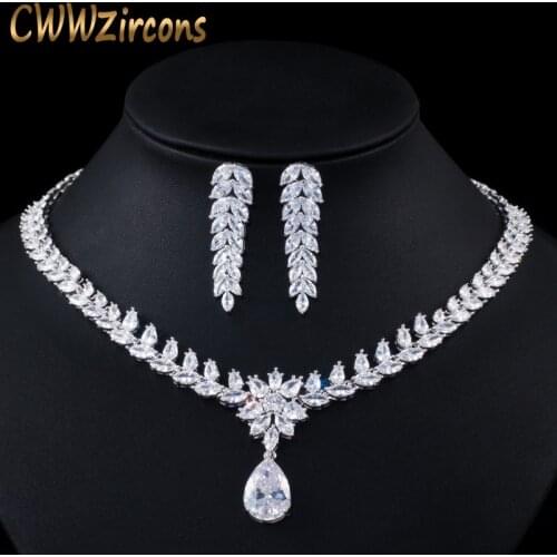 CWWZircons Luxury Bridal Costume Jewelry Big Tear Drop Zirconia Necklace and Earrings Set for Women Wedding Decoration T161
