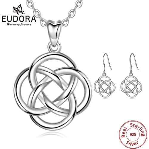 Eudora 925 Sterling Silver Celtic Knot Pendant Necklace Round drop Earrings Dangler simple jewelry set for Women teen party gift