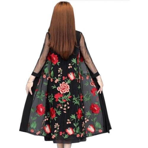 Summer plus size 5XL female fashion embroidery sunscreen clothing thin lace cardigan mid-length chiffon elegant shawl coat