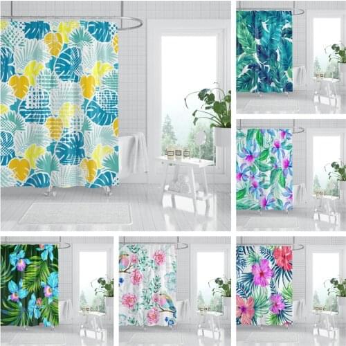 Summer Leaves Printed Shower Curtain Bathroom Waterproof Polyester Bathtub Drapes Mildewproof Cloth Bath Curtain For Home Decor