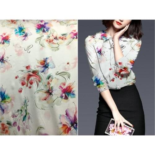 108cm wide 19mm 97% mulberry silk & 3% spandex butterfly print stretch silk satin fabric for dress shirt clothes cheongsam C002