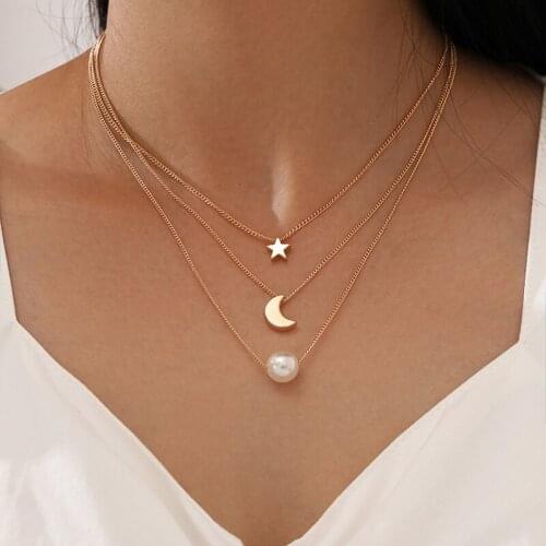 YADA Gold Pentagram Star&Moon Chain Presents&Necklace For Women Alloy layers pearl Necklaces Statement Jewelry Necklace SE200058