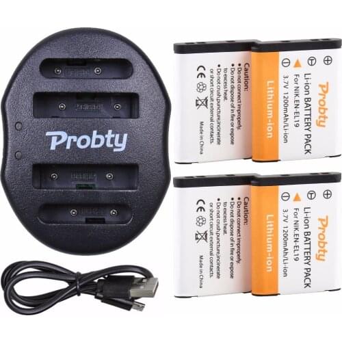 PROBTY 4PCS ENEL19 EN-EL19 Battery + Dual Charger for Nikon Coolpix S32 S33 S100 S2500 S2750 S3100 S3200 S3300 S3400 S3500 S4100