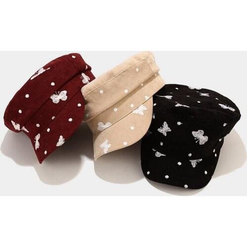 2021 Korean New Butterfly Embroidery Navy Hat Womens Tide Spring and Autumn Outdoor All-match Trend Cap Corduroy Flat Cap