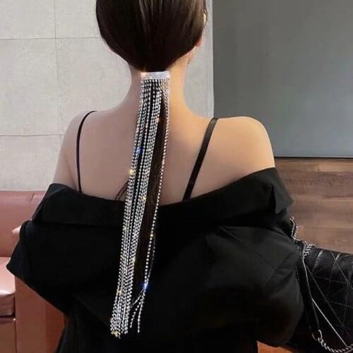Minar Exquisite Bling Bling Rhinestone Long Tassel Chain Hairwear Unique Design Party Clip Hairpin for Women Jewellery