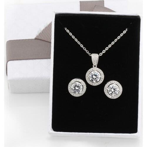 Women Fashion Jewelry Sets 925 Sterling Silver Round Style Shinning Clear CZ as gift for girls Necklace and Earrings