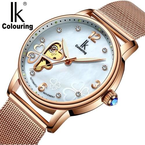 IK Colouring Brand Women Watches Luxury Stainless Steel Bracelet Frauen Armbanduhr Flower Skeleton Crystal Dial Wristwatch