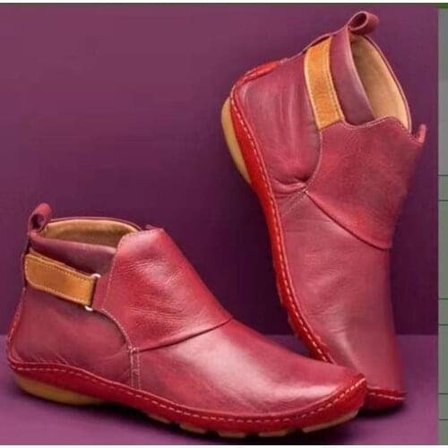 Retro Handmade Boots PU Leather Women Vintage Ankle Boots Winter Boots Women Fashion Velcro Flats Boots Womens Shoes