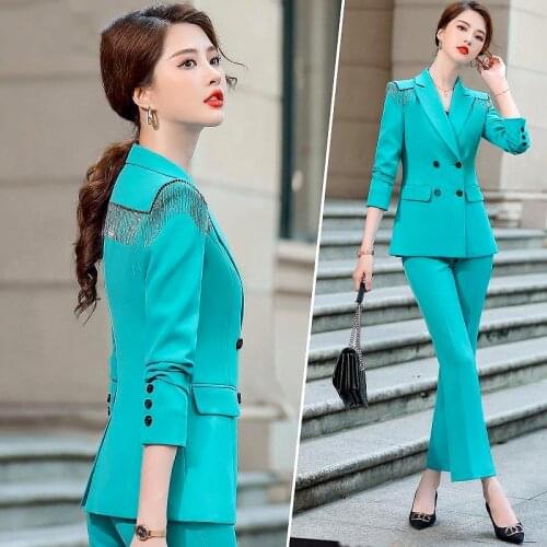 Korea Fashion Two Piece Set Womens Suit Double Breasted Tassels Jacket Women Coat And Pants 2021 Autumn Ladies Clothes LS139