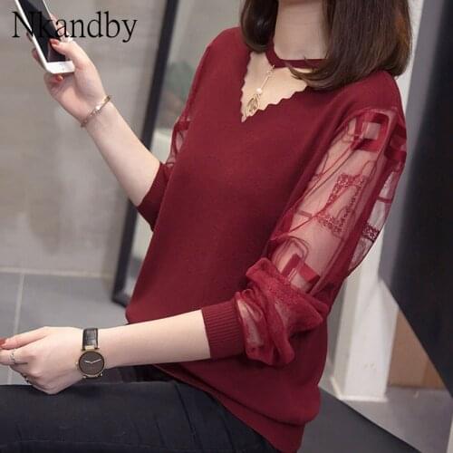 Plus Size V neck Pullover Sweaters Women Lace Patchwork Jumpers Autumn Winter Oversized Fashion Office Ladies Knit Tops Knitwear