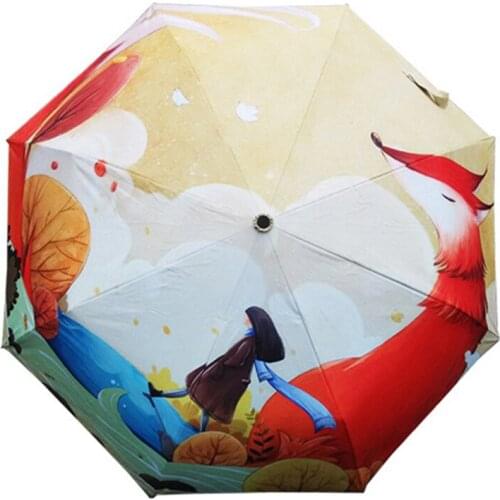 Creative Illustration Red Fox Gir Printing Women Lady Rain Sun Umbrella 3 Folding 8 Rib Wind Resistant Frame Anti UV Umbrellas