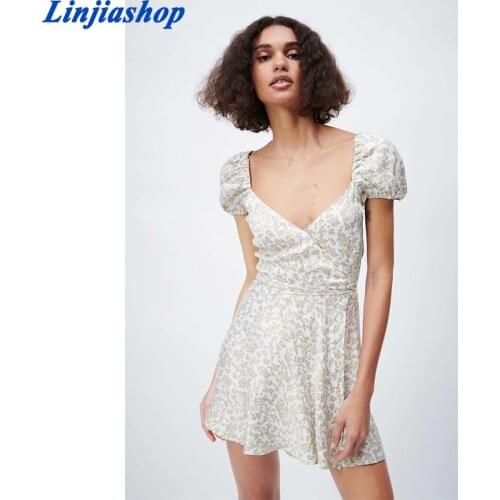 Dress Za fashion small floral V-neck Women Dress 2021 New fashion Retro Slim Belt Chic Dress Casual Street Youth Womens Dresss