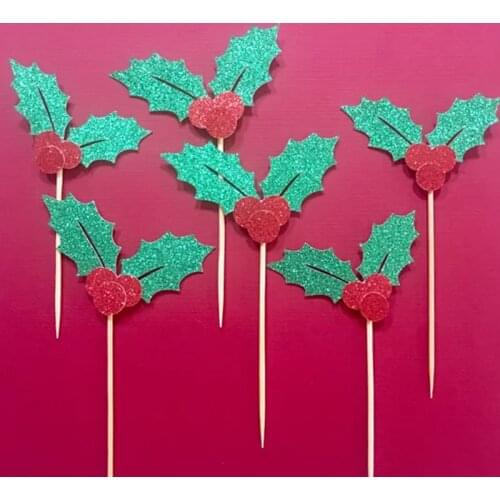 12pcs/lot Christmas Holly Leaf cupcake Toppers Picks Christmas Party Decoration,Party Favors cake Decorating tools Accessories