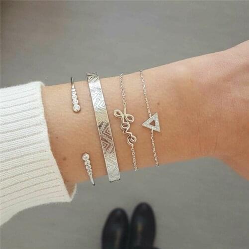 4 Pcs/Set Vintage Engraving Pattern Letter Love Crystal Triangle Opening Bracelets for Women Lady Jewelry Gift