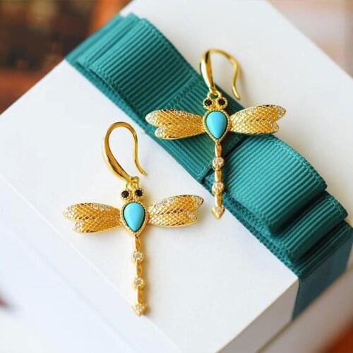 Turquoise Dragonfly ear hook Chinese style retro minority design unique gold craft charm womens Christmas Halloween Gift