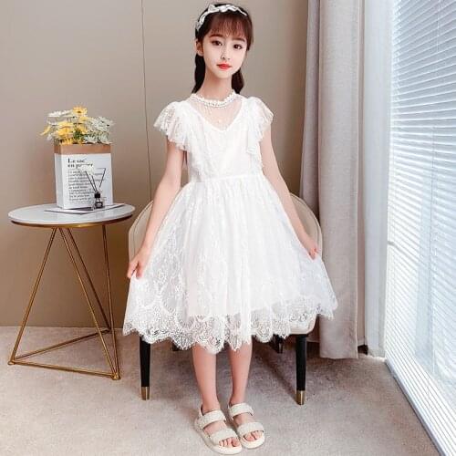 Girls Party Dress Kids Princess Dress Summer Student White Lace Dress Children Dresses Kids Clothes Children Costume 6 8 10 11Y