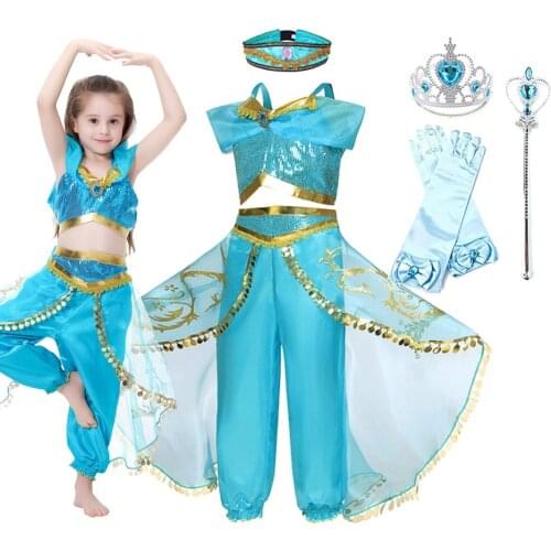 Girls Jasmine Dress Summer Kids Arabian Princess Costume Jasmine Wig Baby Girl Princess Party Christmas Costume 3-10 Years