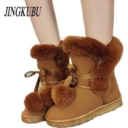JINGKUBU Women Winter Boots Female Butterfly Knot Snow Ankle Boots Flock Fur Plush Ladies Shoes Bottes Large size 35 - 41 S1628