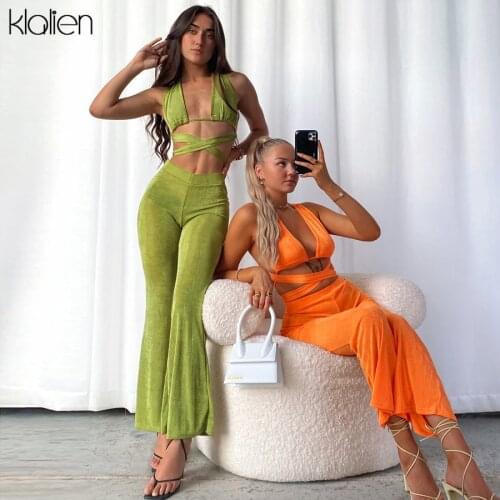 KLALIEN Women Summer Sexy Hollow Out Bandage Camisole Flare Pants Two Piece Set Casual Simple Solid Streetwear Office Lady Suit