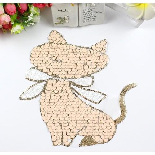 Lovly cat big size sequins sew on patch vintage embroidery fabric applique T-shirt Clothing DIY Apparel Decoration Patch