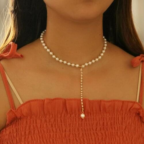 Fashion Simple Lady Pearl Beads Chain Crystal Long Drop Necklaces for Women Girls Choker Wedding Jewerly Accessories