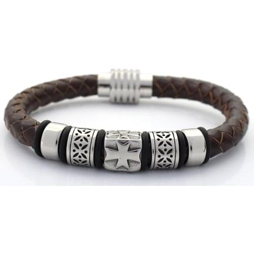 Men Bangles 8MM Genuine Braided Leather Bracelet Never Fade 316 Stainless steel Cross Charms Bead Bracelets with Magnet Clasp