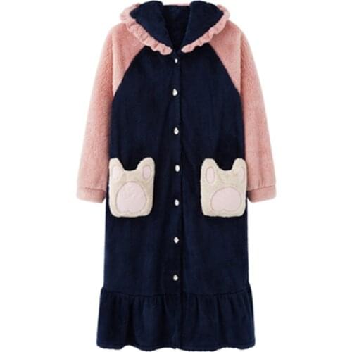New Robe Autumn And Winter Pajamas Female Coral Velvet Thickened Warm Korean Home Wear Flannel Long Nightgown Student Doll Hood