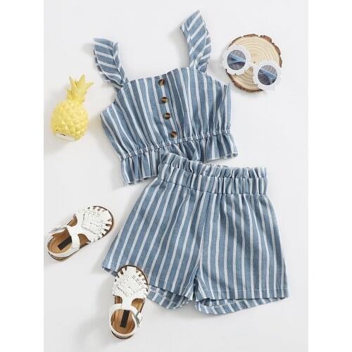 New 2 Pieces Kids Suit Set Girls Striped Square Collar Sleeveless Pullover+ Short Pants for Summer Dusty Blue