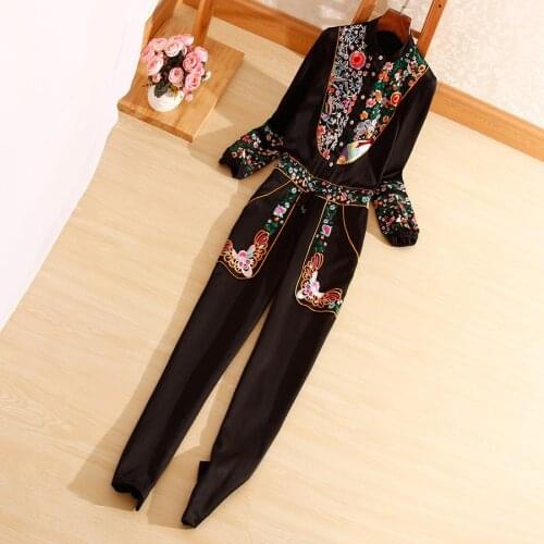 New style autumn Women jumpsuits Chinese style fashion long sleeve embroidery elegant slim lady black Rompers S-XL