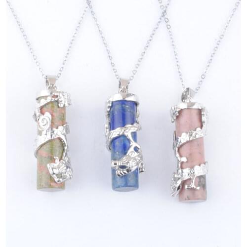Reiki Dragon Wrap Drop Natural Stone Pendant Necklace Female Male Jewelry Opal Quartz Lapis Charms Jewellery Chain 45cm QBN463