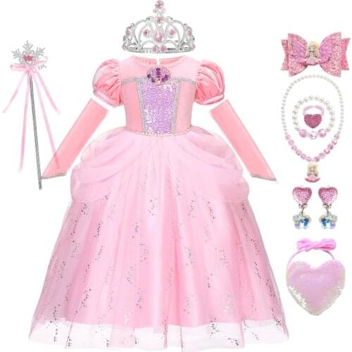 Disney Fancy Pink Little Girl Mermaid Princess Dress Luxury Pearl Sequins Shell Clothing Girls Party Ariel Cosplay Costume Kids