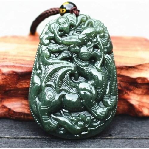 Drop Shipping Natural Dark Green Nephrite Pendant Carved Chinese Dragon Kylin Pendant Necklace Gift For Mens Jades Jewelry