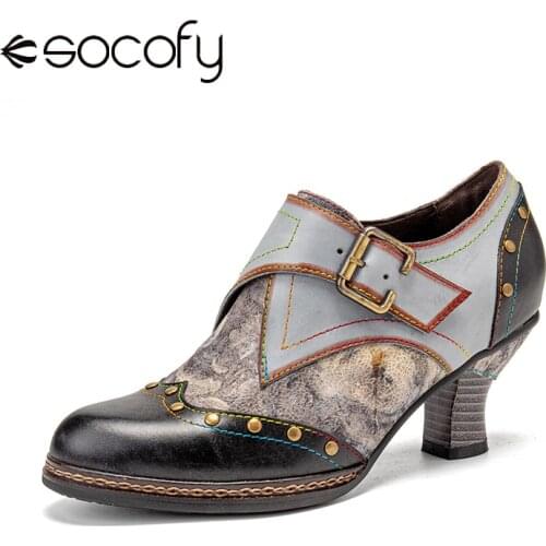 SOCOFY Women Splicing Tie-dye Heel Pumps Stitching Rivet Leather Hook Loop Metal Strap Casual Round Toe Cone Heel Pumps Shoes