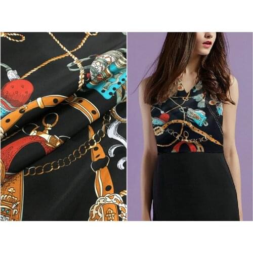 108cm wide 19mm 97% mulberry silk & 3% spandex chain print stretch black silk satin fabric for dress shirt clothes cheongsam C01