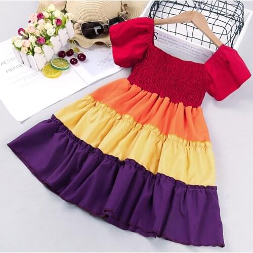 #VW Summer Toddler Baby Girls Dress Wrinkle Sleeve Rainbow Princess Dress Girls Short Sleeve Square Collar Dress vetement fille