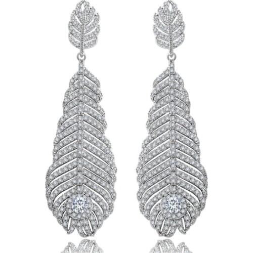 Zlxgirl jewelry luxury brand pave zirconia feather stud wedding earring jewelry perfect rhodium plated color brincos ears