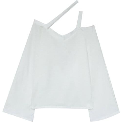 Off Shoulder Sexy T-shirt Women Hollow Out V-Neck Flare Sleeve Fashion Tees Solid Color Irregular Casual Tops Woman T-shirts