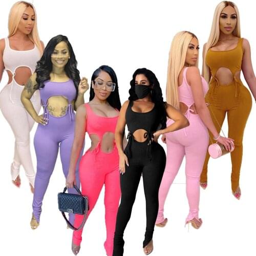 2020 Summer Women Jumpsuits Rompers Sleeveless Hollow Out Lace Up O-Neck Sexy Night Club Party Bandage One Piece Outfits GL1223