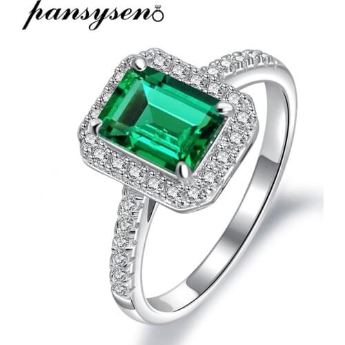 PANSYSEN 100% Solid 925 Sterling Silver 6x8MMM Emerald Created Moissanite Gemstone Ring Cocktail Party Fine Jewelry Women Rings