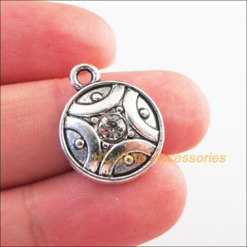 New 15Pcs Tibetan Silver Tone Retro Round Clear Crystal Charms Pendants 16x20mm