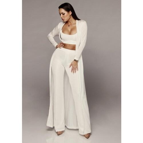 AHVIT New Style Solid Color Women Three Piece Set Long Sleeve Maxi Coat And Sexy Crop Top And Hight Waist Long Pants MY-K9234