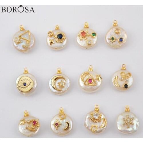BOROSA 10Pcs Gold Plating Natural Pearl With Multi CZ Charm Natural Freshwater Pearl Beads for Necklace Earrings Jewelry G1887