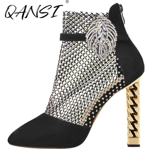 Summer Peep Toe Womens Ankle Boots Hollow Mesh Rhinestone Leaves Point Toe High Heel Women Boots Gold Chunky Heel Boots Woman