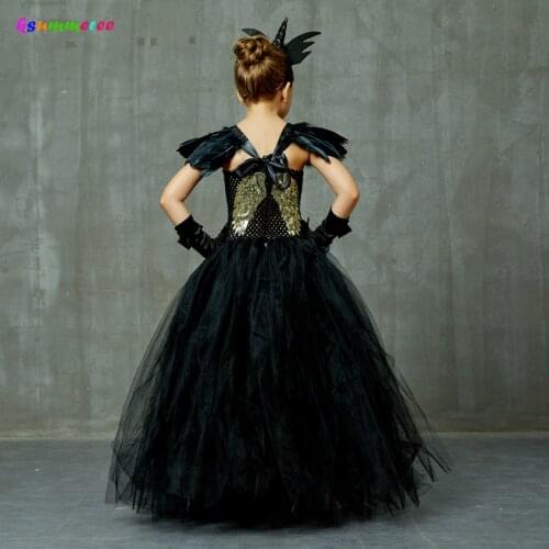 Black Long Devil Tutu Dress Halloween Costume Girls Tulle Dark Angel Dress V-neck Kids Pageant Carnival Party Ball Gown Dresses