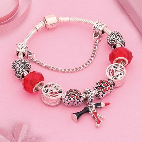 Leabyl Elegant Red Lipstick High Heel Heart Charm Bracelet Wheat Ears Heart Red Crystal Bead Bracelet for Women Girl Gift