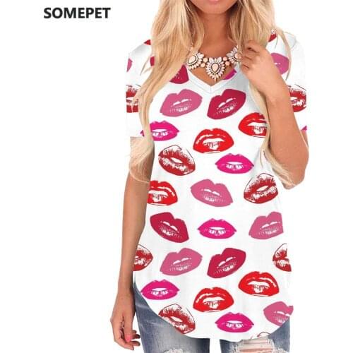 SOMEPET Lips T-shirt women Colorful T-shirts 3d Sexy V-neck Tshirt Womens Clothing Punk Rock Cool Streetwear High Quality
