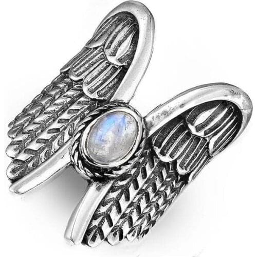 Cute Angel Wing Big Engagement Ring Vintage Male Female White Oval Moonstone Ring Charm Silver Color Wedding Rings For Women Men